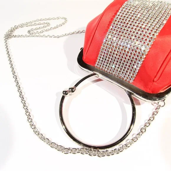 Red Evening Clutch with a Rhinestone Stripe and a Silver-Tone Metal Handle - Picture 7 of 9